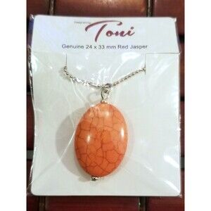 Vintage NOS Toni Red Jasper Pendant w/ Silver Tone Ball Chain Necklace 19"